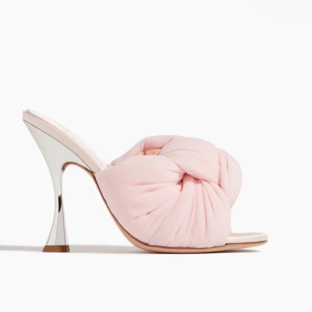 NEW GIAMBATTISTA VALLI Maxi Bow Leather & Tulle Mules Quartz Rose Silver Heels.